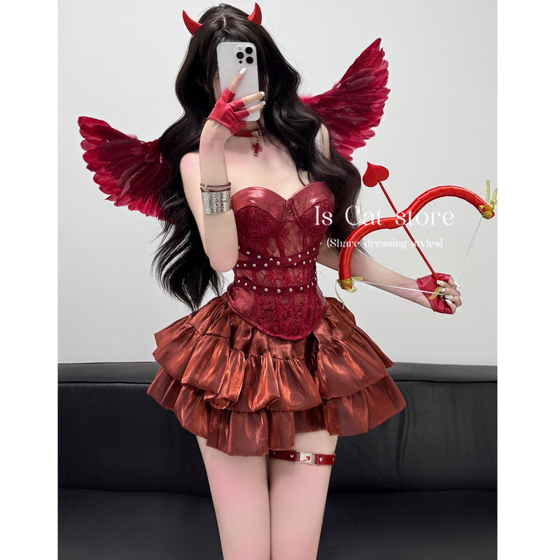 Is Cat: Flame Demon Cupid Halloween Leather and Lace Wrap Chest Slim-Fit Button-Up Semi-Sheer Tube Top Short Skirt Set Is Cat: Flame Demon Cupid Halloween Leather and Lace Wrap Chest Slim-Fit Button-Up Semi-Sheer Tube Top Short Skirt Set