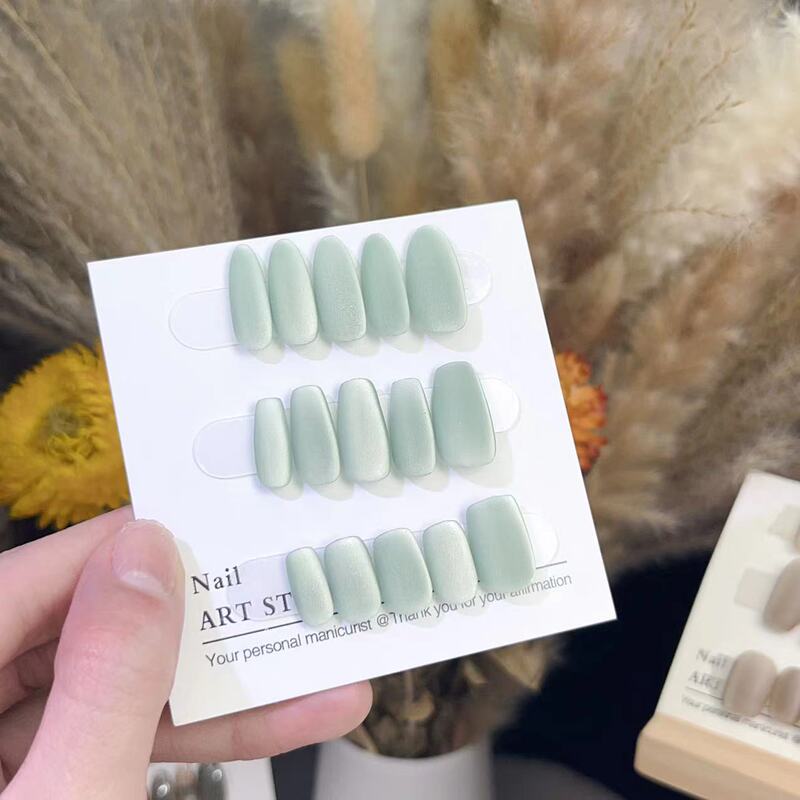 Qingti-Cyan Frosted 2025 New Velvet Cat Eye Handmade Wearable Nails Temperament Spring and Summer Whitening Manicure