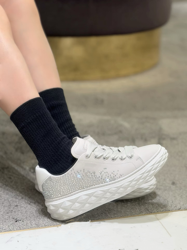 High-Quality Early Spring Rhinestone Lace-Up Thick-Soled Sports Casual Shoes Mingzhouyang Jiesong Platform Genuine Leather White Shoes for Women