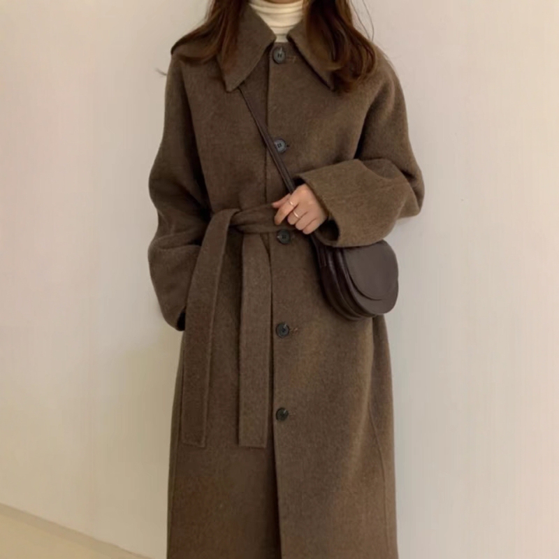 2025 Korean Style Belt Autumn and Winter Mocha Brown New Double-Sided Cashmere Woolen Petite Coat Women's High-End Coat