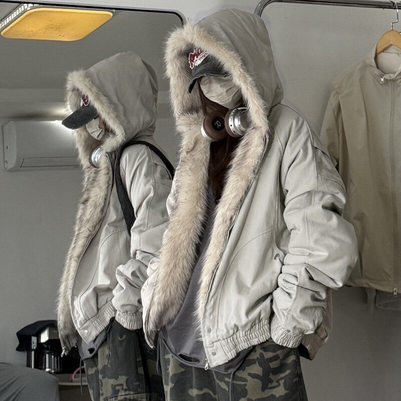 All Goose down Zuishandiao Cleanfit Fur Collar down Jacket for Men, American Style High-End Feel, Fleece-Lined Couple's Cotton Coat with Hood