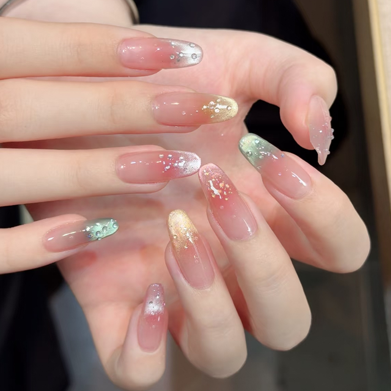 Spring and Summer New Rainbow Cat-Eye Handmade Wearable Nails, High-End Sparkling Pink Ice Breathable Bubble Bead Manicure, Almond Nails Spring and Summer New Rainbow Cat-Eye Handmade Wearable Nails, High-End Sparkling Pink Ice Breathable Bubble Bead Manicure, Almond Nails