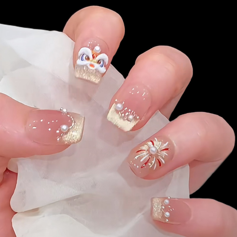 New Year Lion Dance Handmade Nail Art Fireworks Cat Eye Flashing Whitening Nail Art Autumn and Winter New Year Atmosphere Fake Nail Stickers New Year Lion Dance Handmade Nail Art Fireworks Cat Eye Flashing Whitening Nail Art Autumn and Winter New Year Atmosphere Fake Nail Stickers