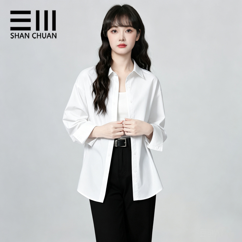 White Polo Collar Long-Sleeve Button-Down Shirt for Women, New Spring and Autumn Style, Preppy Style with Tie-Up Collar, White Shirt for Layering