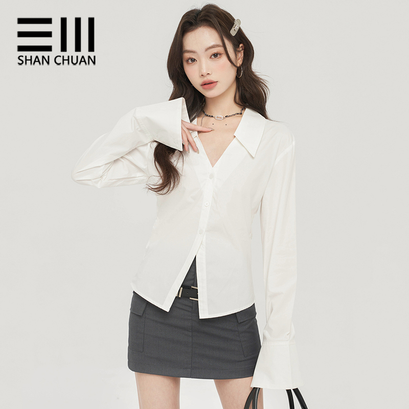 White V-Neck Shirt for Women, Spring and Autumn Long-Sleeve Top, Slim Fit, Sexy Design, Niche, Mature Style, Versatile for Professional Wear