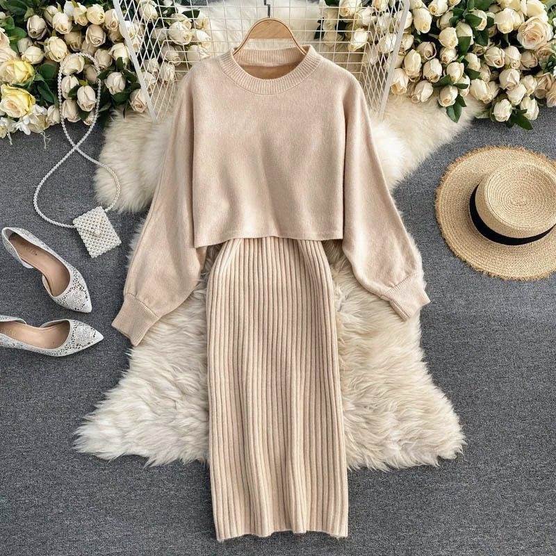 Autumn and Winter Fashionable Half-High Collar Loose Batwing Sleeve Sweater Blouse Two-Piece Set with Spaghetti Strap V-Neck Bodycon Dress Autumn and Winter Fashionable Half-High Collar Loose Batwing Sleeve Sweater Blouse Two-Piece Set with Spaghetti Strap V-Neck Bodycon Dress
