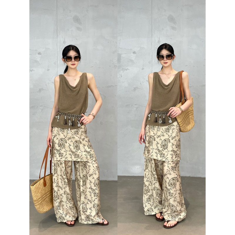 Bohemian Vacation Style Retro Paisley Print Faux Two-Piece Straight Wide-Leg Pants for Women Summer Bohemian Vacation Style Retro Paisley Print Faux Two-Piece Straight Wide-Leg Pants for Women Summer