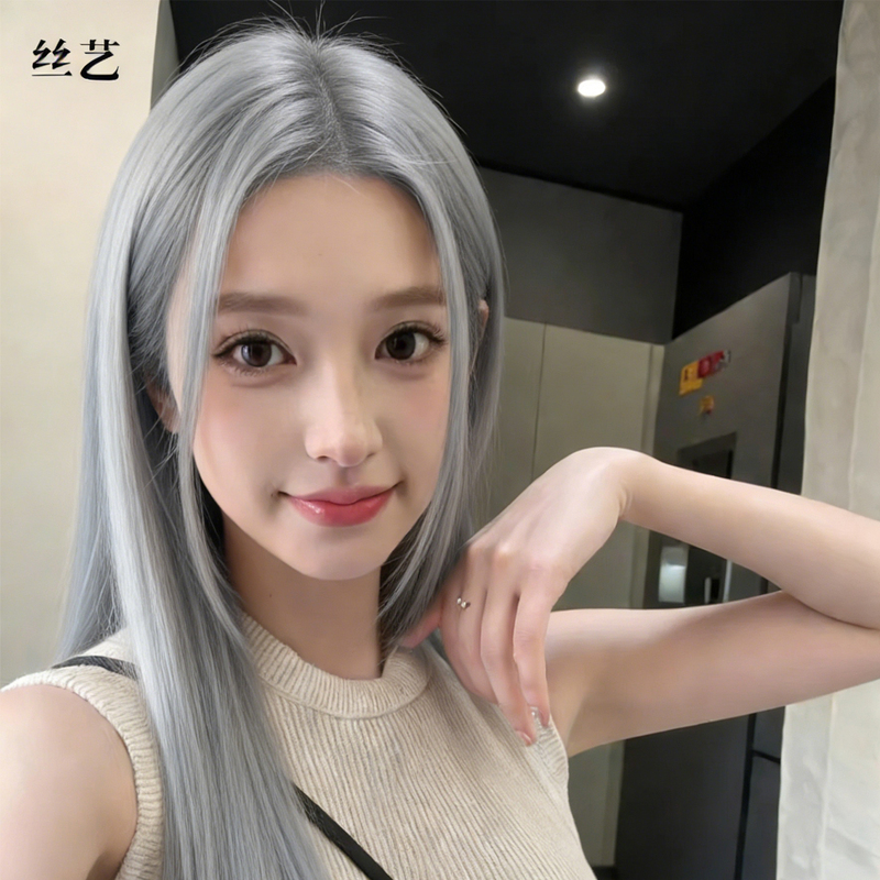 Silver Gray Wig for Women, Lace Front Granny Gray Full Human Hair Full Wig, Can Be Dyed and Permed, Long Straight Hair, Seamless Wig Set