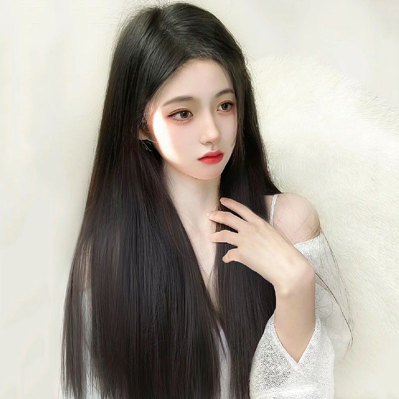 Wig for Women, Black Long Straight Hair, Full Head Wig, Real Human Hair, Natural, Round Face, Manga-Style Bangs, Middle Part, Full Head Wig