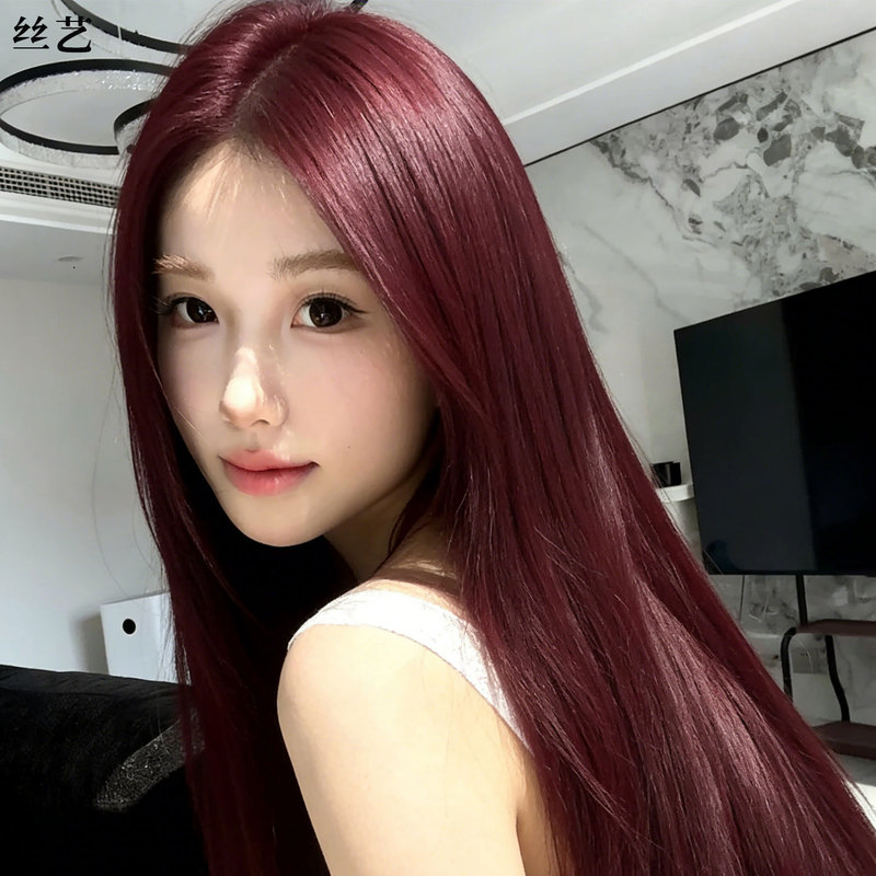 Full Head Wig for Women, Raspberry Red Long Straight Hair, Curly Hair, Real Hair, Burgundy, Seamless Natural Lace Wig Set