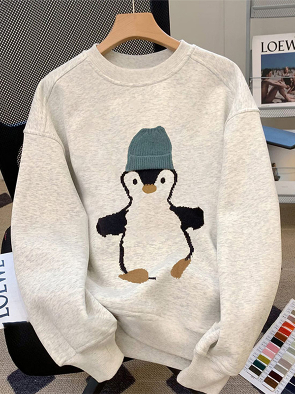 Autumn and Winter Penguin Print Hoodless Gray Sweatshirt for Petite Women, Super Cute, Fleece-Lined, Thickened, Plus Size Inner Layer Top Autumn and Winter Penguin Print Hoodless Gray Sweatshirt for Petite Women, Super Cute, Fleece-Lined, Thickened, Plus Size Inner Layer Top