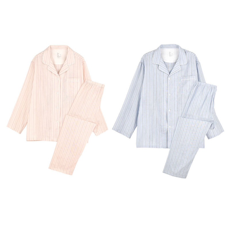 Japanese Muji Double-Layer Gauze Pajamas for Women Without Side Seams, Spring and Autumn Pure Cotton New Striped Couple's Men's Loungewear