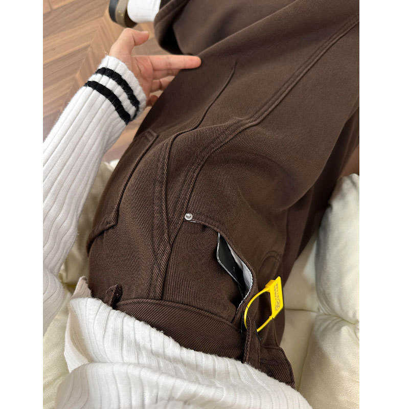 Brown Denim Jeans for Women, Petite Size, 2026 New Spring Vintage American Style Wide-Leg Pants, 150cm Height-Enhancing Long Pants
