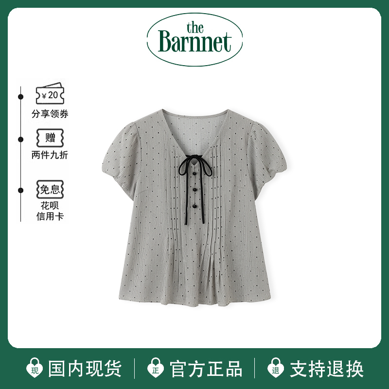 [Official Authentic Product] Korean the Barnnet Sweet Bow Tie V-Neck Polka Dot Puff Shirt