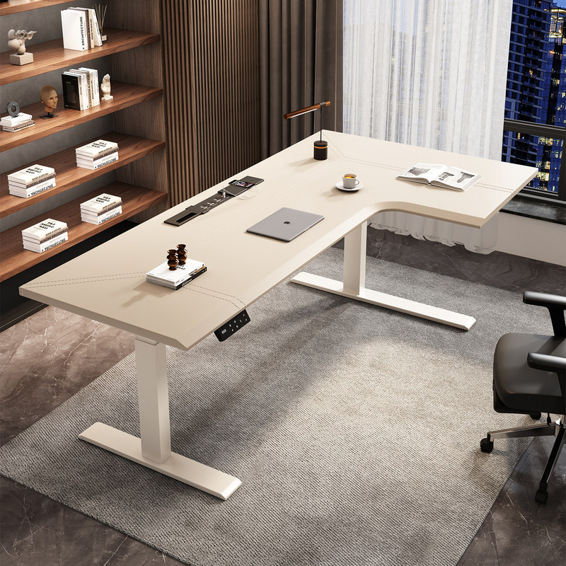 Saddle Leather Smart Electric Adjustable Desk L-Shaped Corner Gaming Desk Home Office Desk Button Control Workstation Saddle Leather Smart Electric Adjustable Desk L-Shaped Corner Gaming Desk Home Office Desk Button Control Workstation