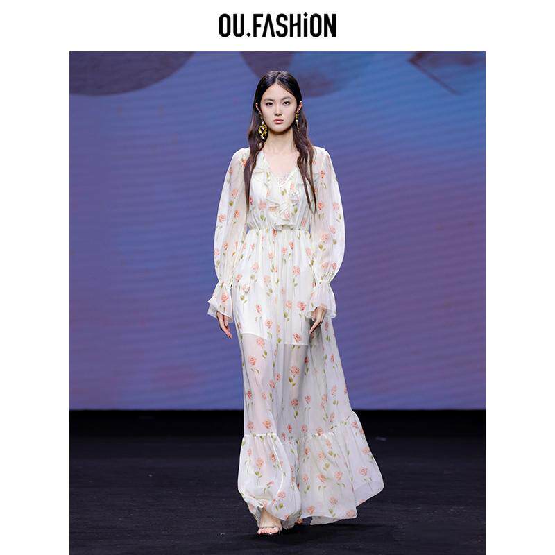 OU. ヨーロピアンスタイル フレンチVネック 花柄ドレス、高級スリム効果ロングガウン 1172410499