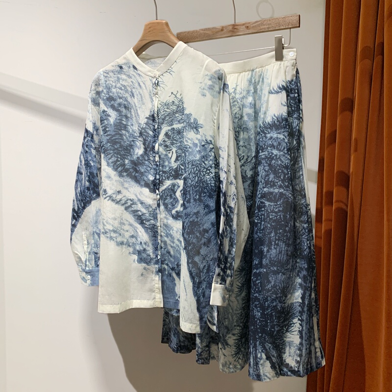 21% off ~Limited Stock~ Shanghai Museum Series Materials~ High-Quality Cotton Landscape Print Shirt + A-Line Midi Skirt 21% off ~Limited Stock~ Shanghai Museum Series Materials~ High-Quality Cotton Landscape Print Shirt + A-Line Midi Skirt