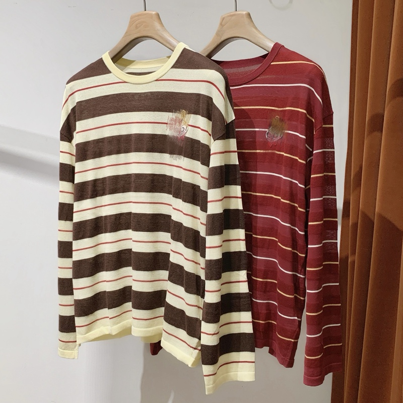 Early Autumn Style ~ Genuine Original Yarn ~ Mo Moomin Collaboration t ~ High-Count Cotton Wool Silk Yarn-Dyed Striped Embroidered Knitwear