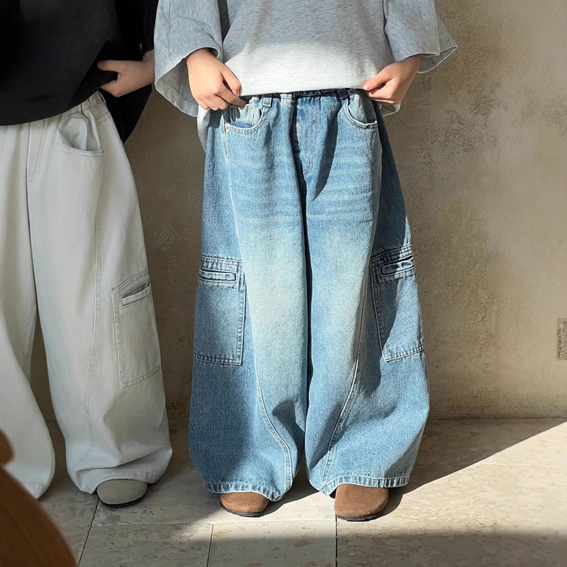Boys' Denim Wide-Leg Pants Spring Thin Style Children's Trendy Cool Straight-Leg Cargo Long Pants for Boys