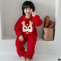 Children New Year Winter Sleeping Clothing Flange Suede Dragon Year Old Life Old Red Thickened Boy Girl Warm Family Clothing