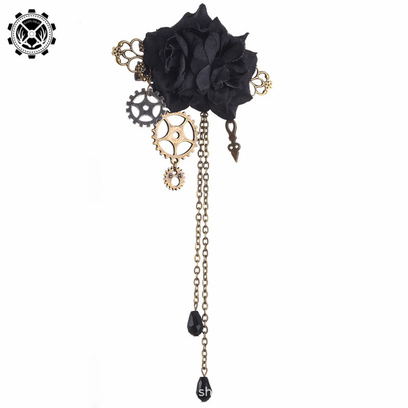 Steampunk mechanical gear rose Lolita gothic tassel crystal brooch pin lapel pin hair clip hair accessory