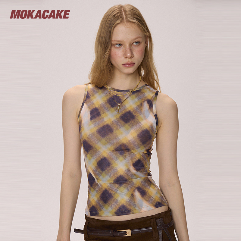 Mokacake Yellow and Purple Plaid Mesh Design Niche Outerwear Thin Vest Sleeveless Top Women's Summer New Style Mokacake Yellow and Purple Plaid Mesh Design Niche Outerwear Thin Vest Sleeveless Top Women's Summer New Style