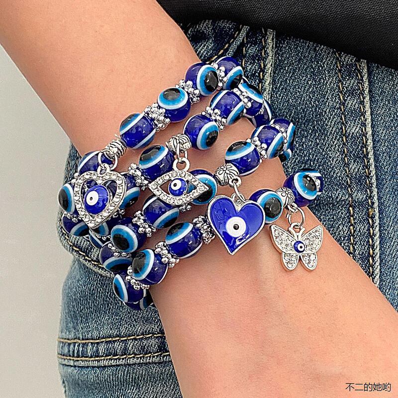 Hamsa Hand of Fatima Blue Eye Bracelet Butterfly Love Heart Evil Eye Round Bead Bracelet Jewelry
