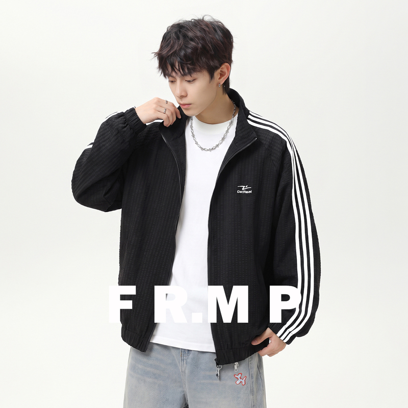 Fr.Mp American-Style Seersucker Textured Trendy Brand Jacket for Men, Autumn Stand-Collar Casual Sports Striped Thin Jacket Fr.Mp American-Style Seersucker Textured Trendy Brand Jacket for Men, Autumn Stand-Collar Casual Sports Striped Thin Jacket