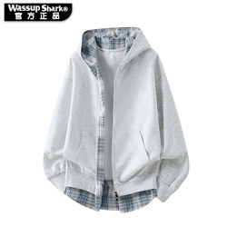 Wassup Shark American Style Fake Two-Piece Jacket for Men, Spring and Autumn Thin Hooded Sweatshirt, Plaid Casual Trendy Top