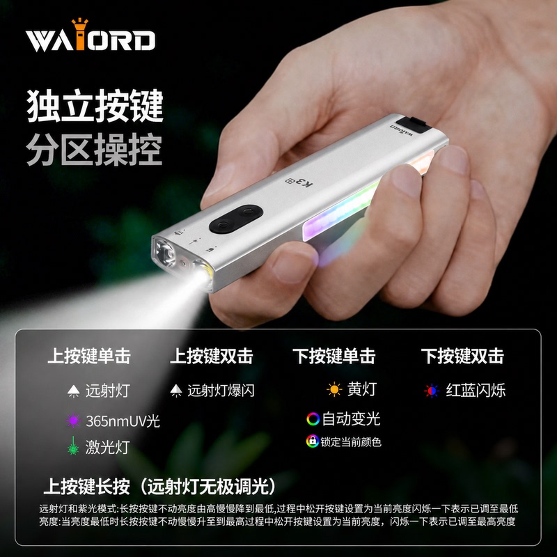 Waiord K3Plus Particle Silver Mini Multi-Function Flashlight Uv Detection Multi-Light Source Outdoor Lighting