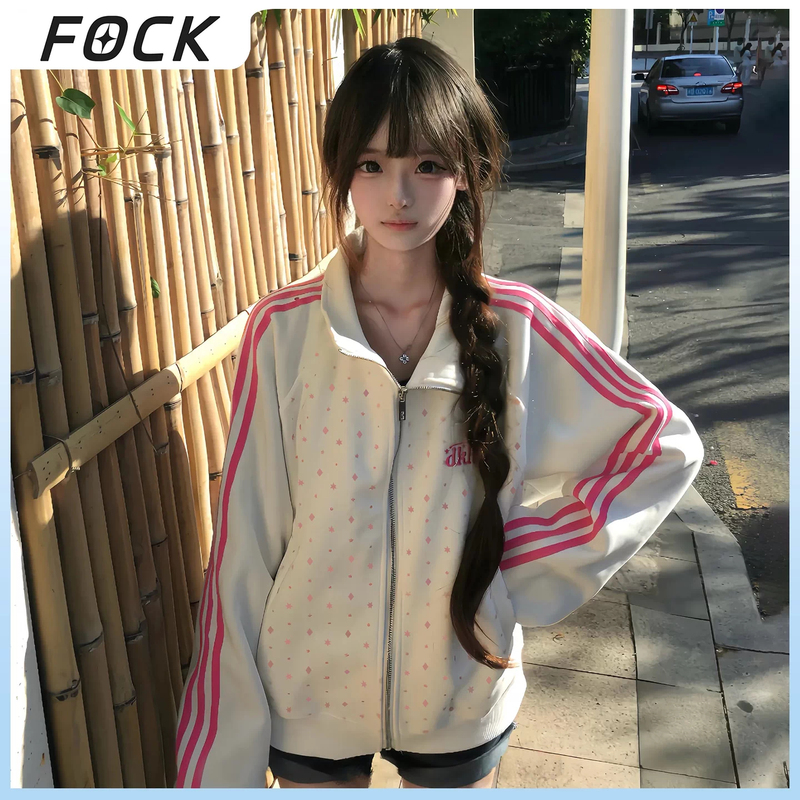 Fock American Retro Star Stand-Up Collar Zipper Jacket for Women, Loose Casual Sports Jacket, White Short Jacket for Couples