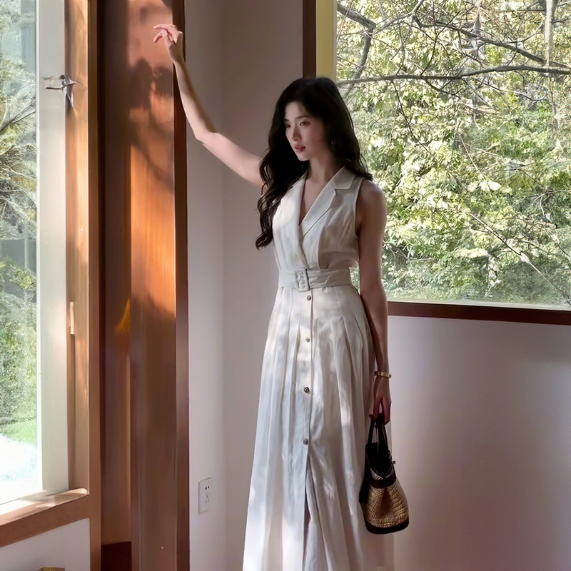 French White Long Linen Vest Dress for Women 2026 New Style Polo Collar Sleeveless Shirt Dress with Waist-Cinching Long Skirt French White Long Linen Vest Dress for Women 2026 New Style Polo Collar Sleeveless Shirt Dress with Waist-Cinching Long Skirt