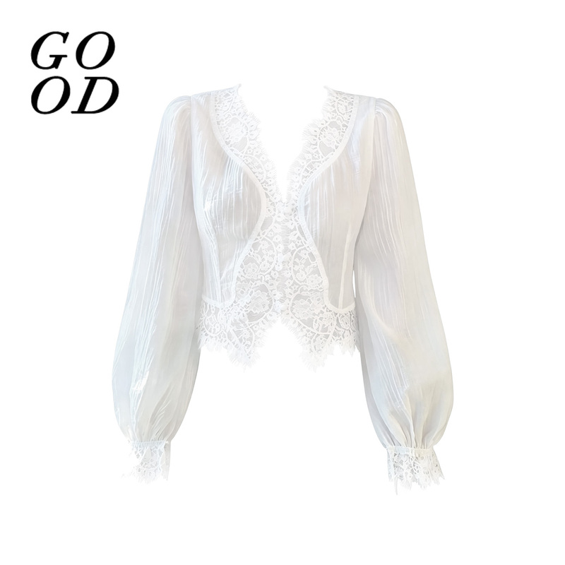 Good Elegant Little White Flower Slightly Sheer Shirt Pure Desire Style with Eyelash Lace Short Slimming Top Artistic ins