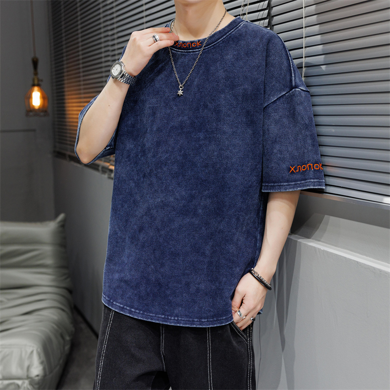 Washed Vintage Round-Neck Denim Short-Sleeve T-Shirt for Men, Summer 2026 New Trendy Brand Loose Half-Sleeve Tee Men's Clothing