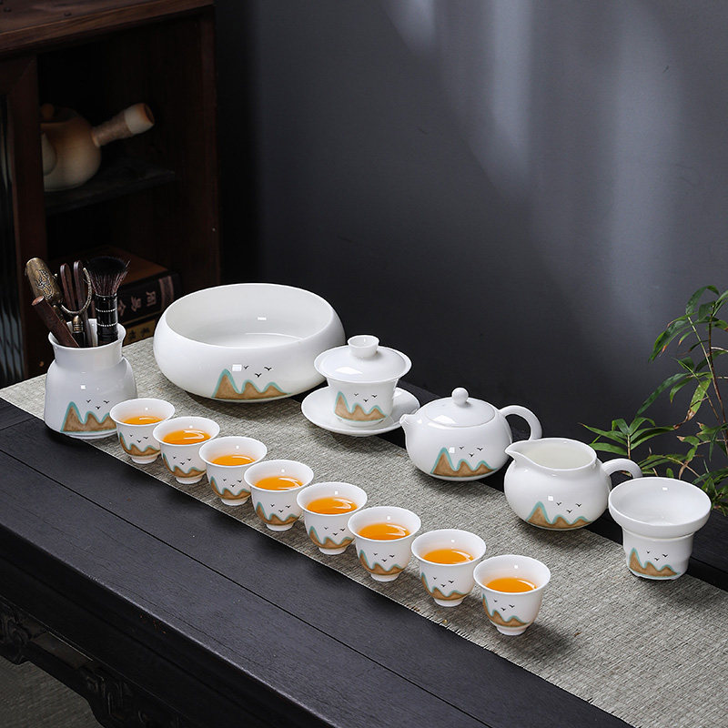 Dun Inscription Parchment Goat Grease Jade White Porcelain Tea Set Suit Home Light Lavish High-end Defied White Porcelain Kung Fu Tea Cup Lid Bowl-Taobao