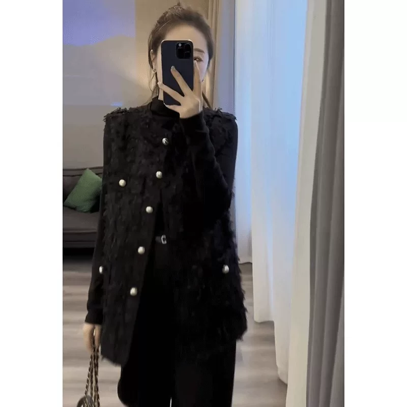 Осенний длинный жилет без рукавов, свободный крой, стиль Chanel, средней длины