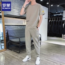 Romon sports suit for men with handsome summer new trendy casual short-sleeved T-shirt and trousers set for men