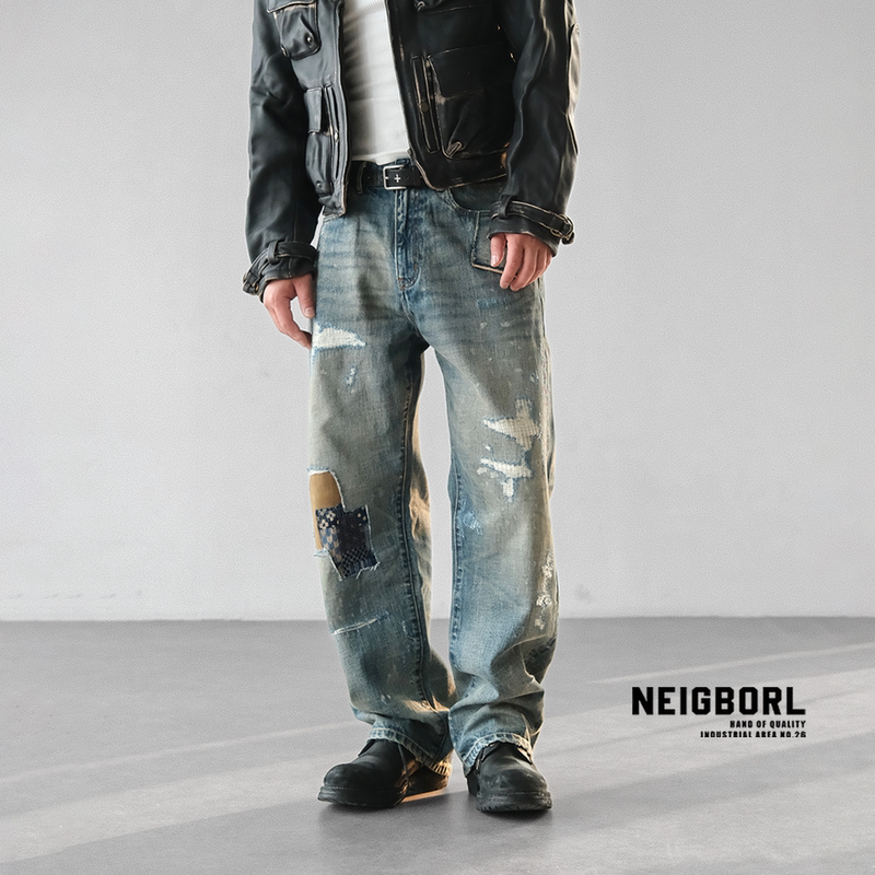 【Wu Song Fighting the Tiger】Neigborl Uncle Zhao's American-Style Trendy Retro Distressed Splatter Patchwork Versatile Jeans