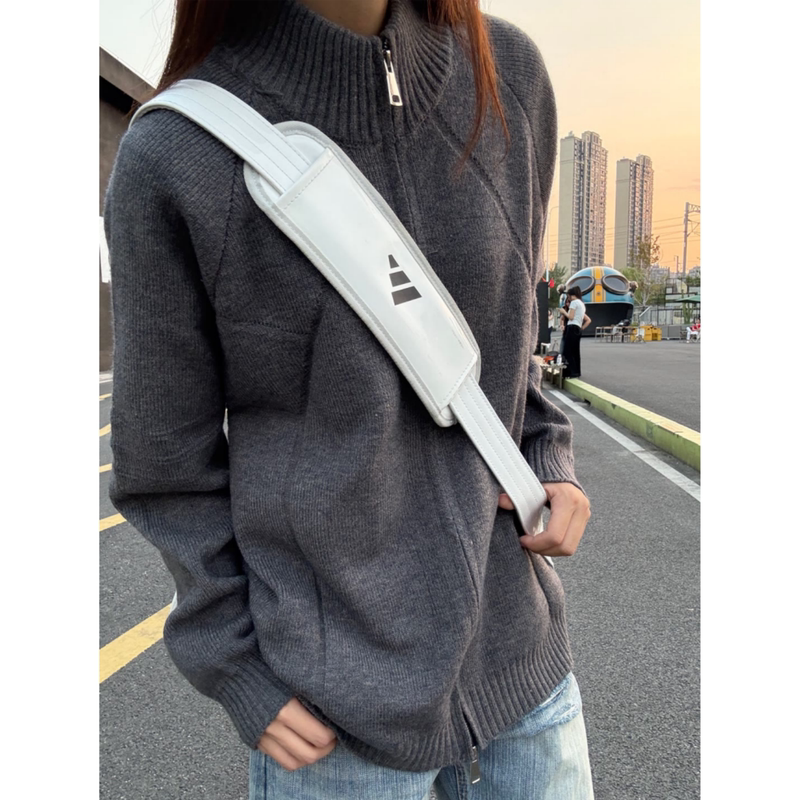 Dark Gray Cleanfit Stand-Up Collar Cardigan Sweater for Men, Autumn Casual Style Jacket, Patchwork Deconstructed Regular Shoulder Knitwear