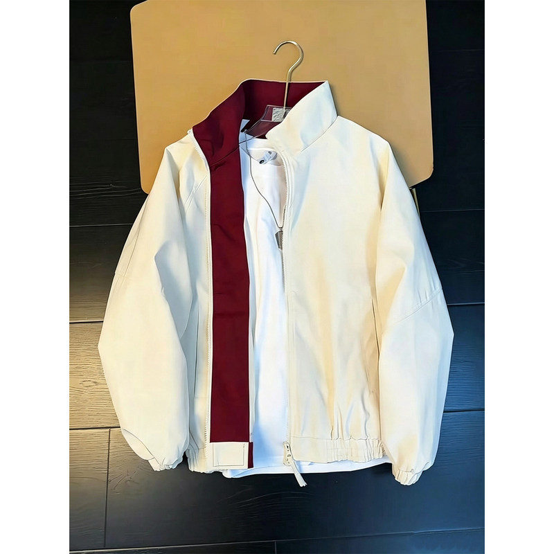 American-Style Color-Block Flight Jacket for Men, Autumn High-End Patchwork Silhouette Stand-Collar Coat, Water-Resistant Short Baseball Jacket