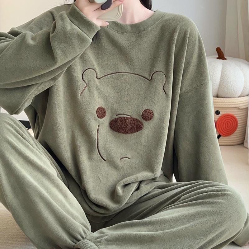 1.0-150kg Plus Size Extra Large German Velvet Autumn and Winter Pajamas for Women, Long Sleeve Cartoon Round Neck Homewear Set, Spring and Autumn 230