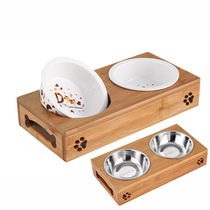 Pet supplies cat food utensils bamboo plate rack double bowl stainless steel cat bowl ceramic dog bowl pet bowl bamboo wooden dining table