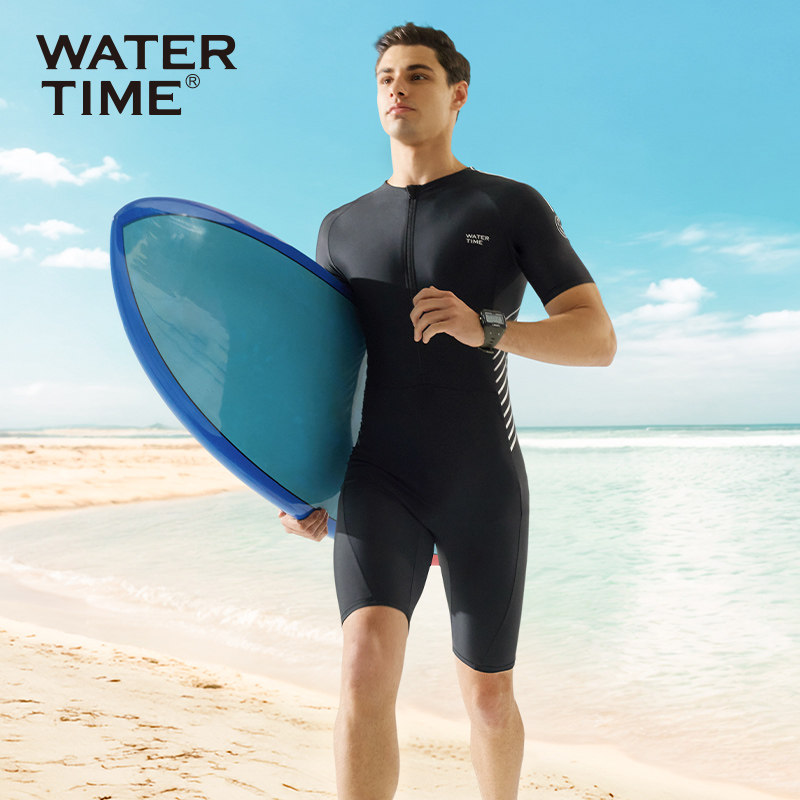 WaterTime连体泳衣男士防尴尬套装专业防晒男款速干游泳冲浪服