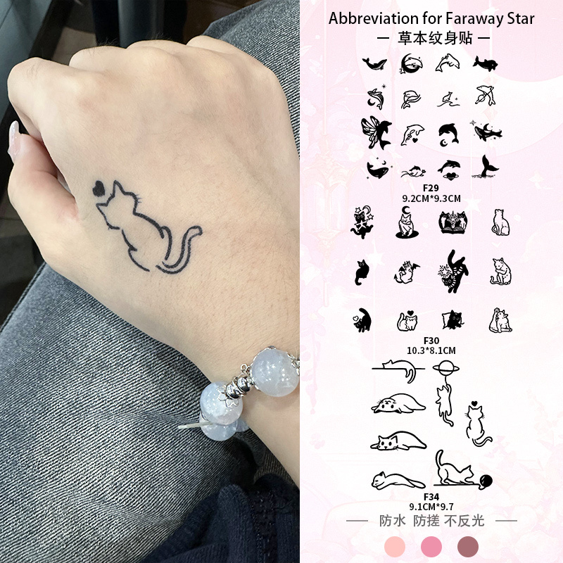 Cute Kitten Dolphin Arm Finger Pattern Herbal Juice Tattoo Sticker for Women, Waterproof, Long-Lasting, Non-Reflective