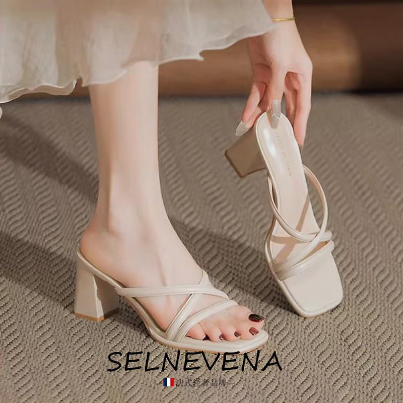 French Minimalist Style One-Strap Chunky Heel Sandals for Women, Summer Outdoor Wear, High-End Fashion Versatile High Heels