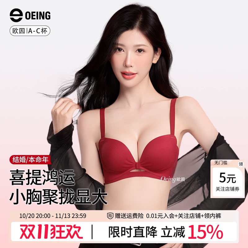 Oeing Red Lingerie Wedding Bride Women's Small Bust Push-Up Bra for the Year of Birth Seamless Underwear Set
