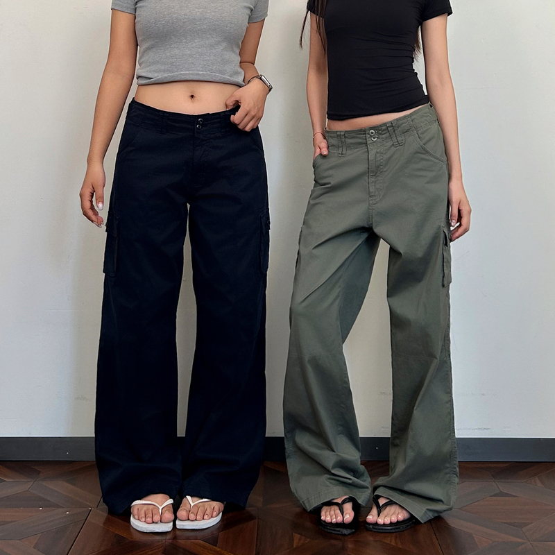 La17 American Street Style Plus-Size Women's Patchwork Design Multi-Pocket Double-Button Cargo Pants Loose Wide-Leg Casual Pants La17 American Street Style Plus-Size Women's Patchwork Design Multi-Pocket Double-Button Cargo Pants Loose Wide-Leg Casual Pants