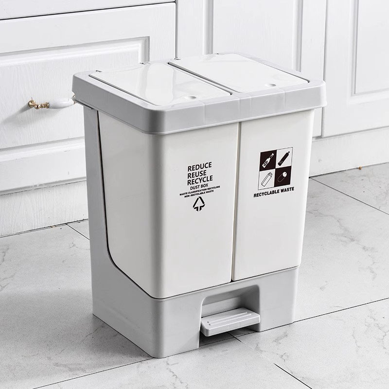 Double-Compartment Trash Can with Dry and Wet Separation, Large Capacity, Foot Pedal, Double Opening, Kitchen Cleaning Bin with Wheels Double-Compartment Trash Can with Dry and Wet Separation, Large Capacity, Foot Pedal, Double Opening, Kitchen Cleaning Bin with Wheels