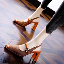 Thick heel back hollow toe sandals shallow mouth spring and summer new sexy one-word buckle strap color block square toe high heels for women