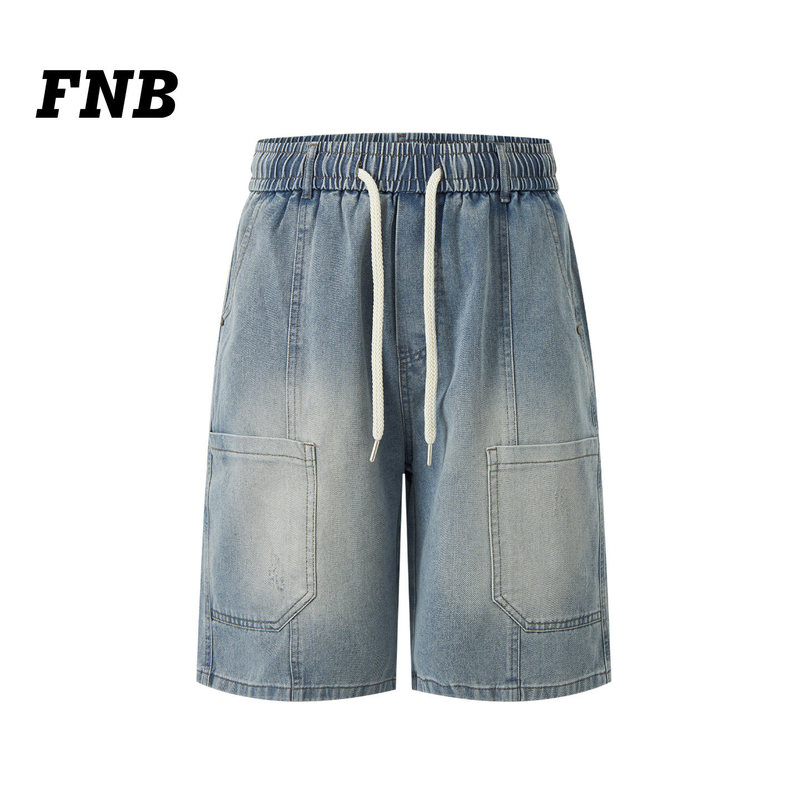 American Fnb26 New Style Workwear Denim Shorts, Unisex, Multi-Pocket, Drawstring, Casual Versatile Five-Point Pants